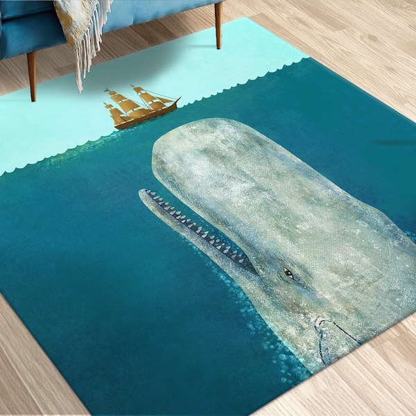 Crude Area The Whale Large and Ship Rugs, Whale Rug, Ship Rugs, Animal Rugs, Entryway Rug, Blue Rug, Housewarming Gift, Salon Decor Rug,
