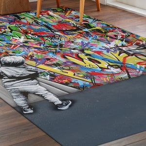 Banksy Behind the Curtain Rugs, Banksy Graffiti Rug, Banksy Colorful Graffiti Rug, Street Art Rugs, Runner Rug, Area Rug, Boy Room Rug,