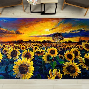 Sunflower Field Painting Rug, Sunset Landscape Rugs, Yellow Rug, View Rug, Gift For Him, Outdoor Rug, Soft Rug, Office Rug, Thin Rug,
