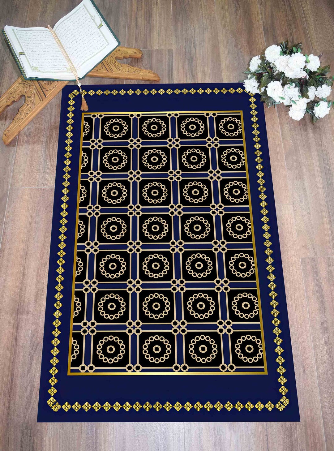 Navy Blue Prayer, Gold Prayer Rug, Elegant Rug, Prayer Rugs, Muslim ...