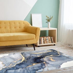 Blauer Marmor Teppich, Moderner Marmor, Blauer und Cremefarbener Marmor Teppich, Alkohol Tinte Teppiche, Esszimmer Teppich, 3D Gedruckter Teppich, Bild 4