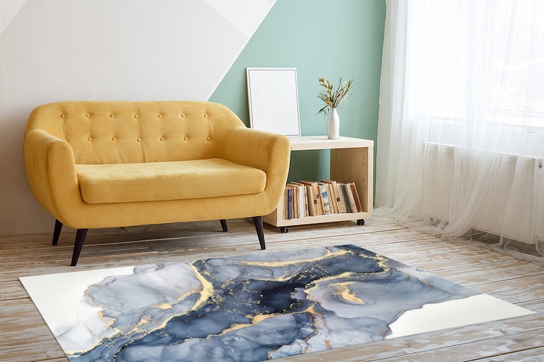 Blauer Marmor Teppich, Moderner Marmor, Blauer und Cremefarbener Marmor Teppich, Alkohol Tinte Teppiche, Esszimmer Teppich, 3D Gedruckter Teppich, Bild 4
