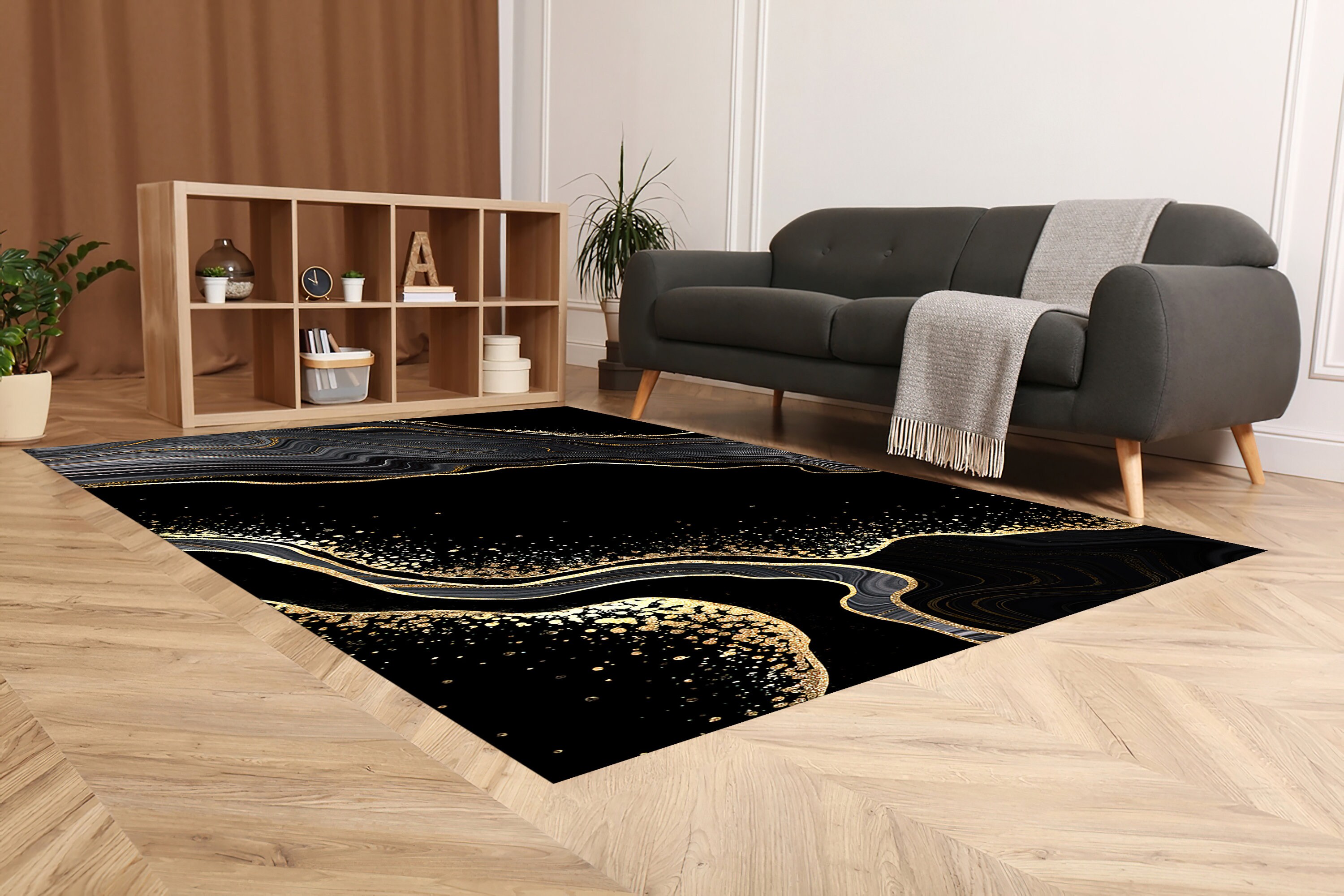 Black and Gold Marble Rug, Gold Marble Rugs, Abstract Marble Rug ...