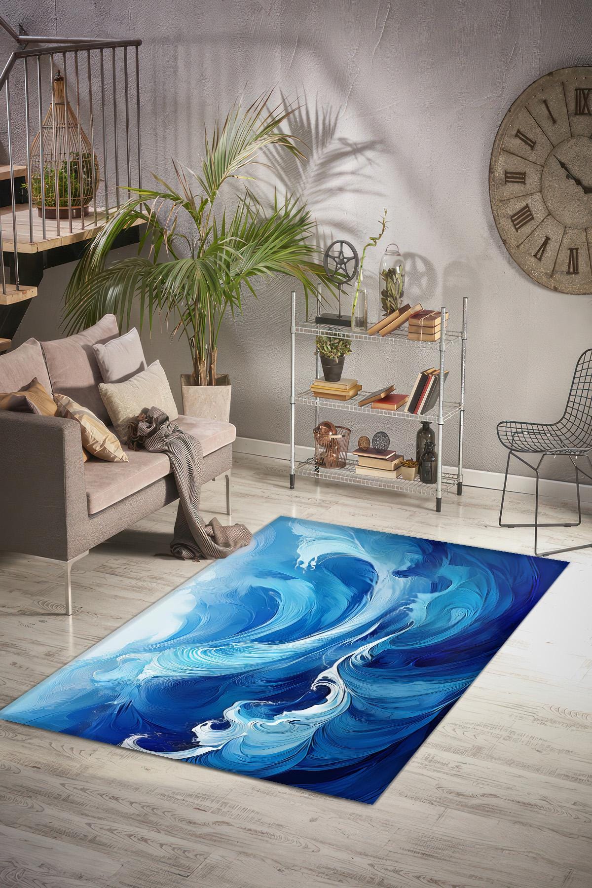 Blue Ocean Wave Area Rug, Abstract Water Movement Carpet for