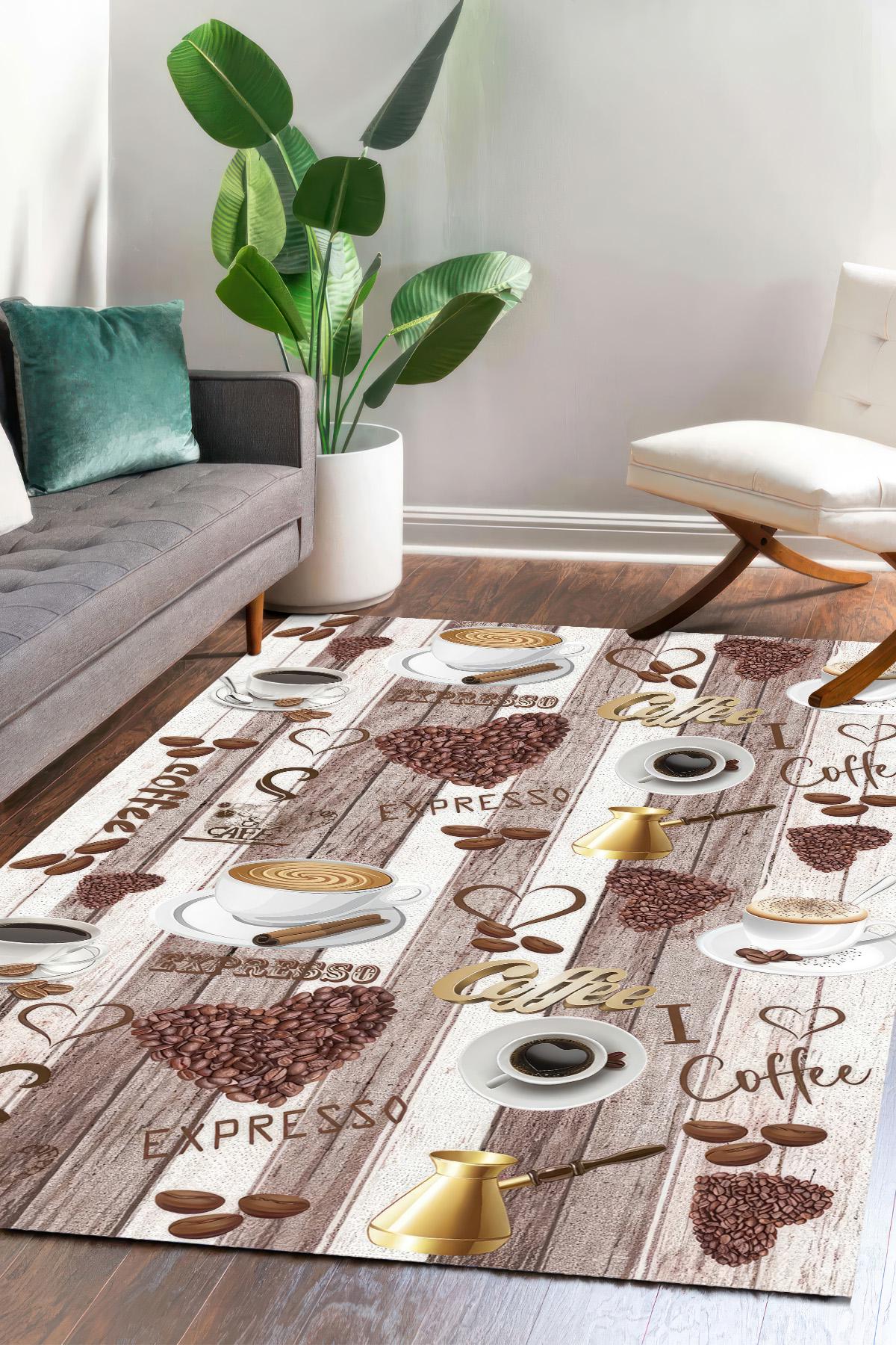 Coffee Theme Kitchen Rug, Rustic Cafe Print Floor Mat With Cups and ...