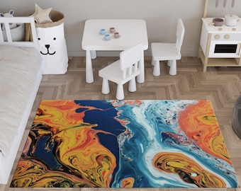 Abstract  Rug, Blue Rugs, Orange And Blue Rug, Orange Rug, Modern Rug, Runner Rug, Custom Rug, Large Rug, Gift Rug, Front Door Rug,