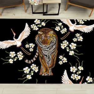 Japanese Tiger Rug, Cranes Rug, Tiger Rugs, Japanese Rug, Animal Rugs, Hallway Rug, Entryway Rug, Small Rug, Personalized Rug, Kitchen Rug,
