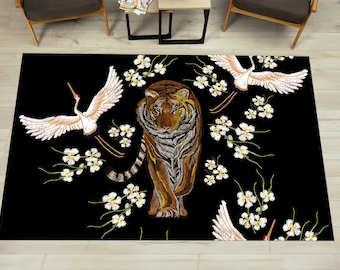 Japanese Tiger Rug, Cranes Rug, Tiger Rugs, Japanese Rug, Animal Rugs, Hallway Rug, Entryway Rug, Small Rug, Personalized Rug, Kitchen Rug,