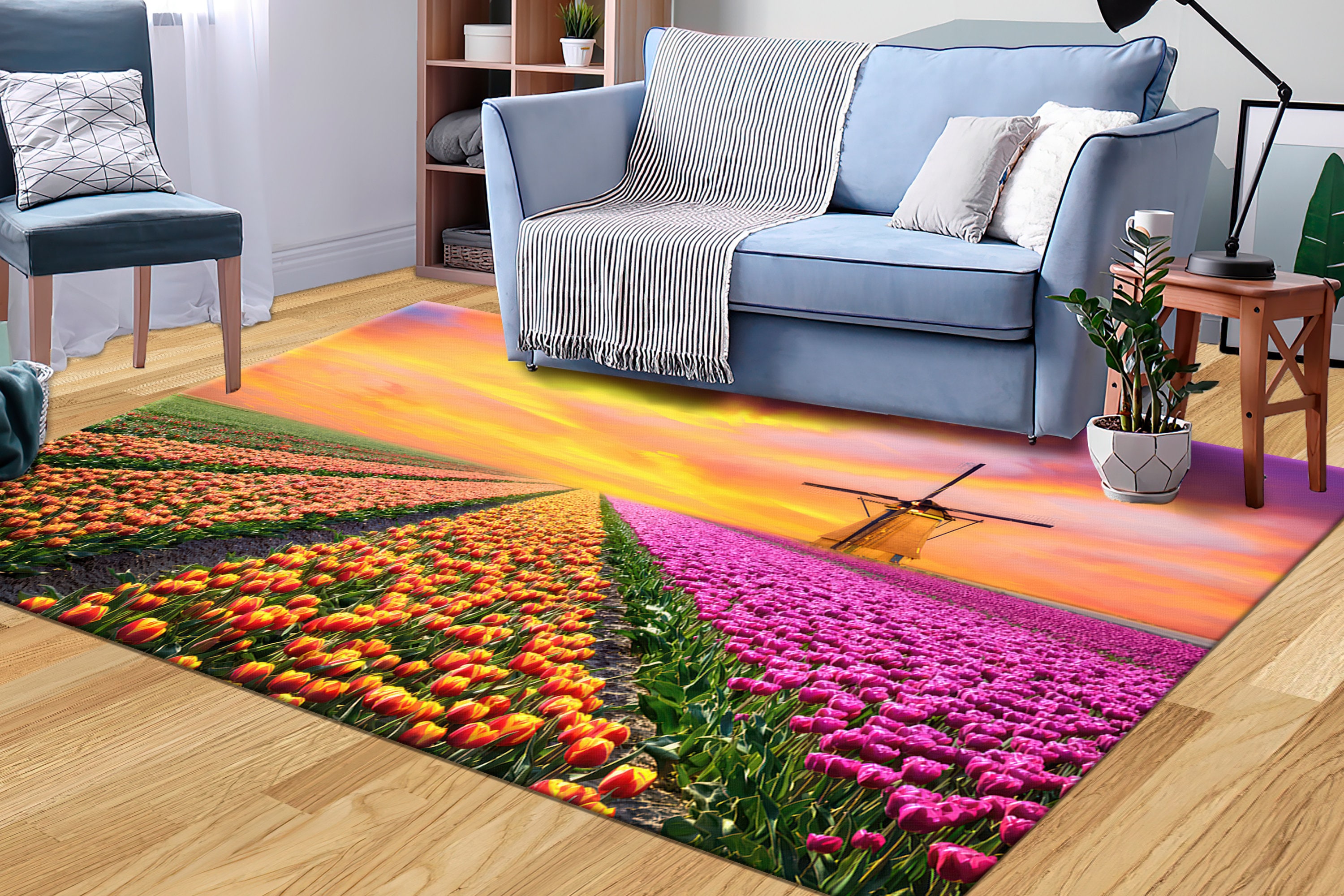 Colorful Tulip Field Rug | Vibrant Floral Printed Rug | Machine