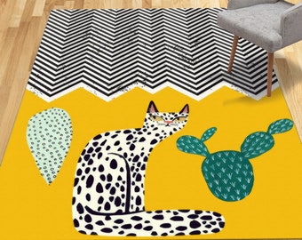 Bright Yellow Cat Rug, Trendy Rugs, Yellow Rug, Modern Rug, Non-Slip Carpet, 3D Printed Rug, Entryway Rug, Cool Rug, Anti-Slip Carpet,