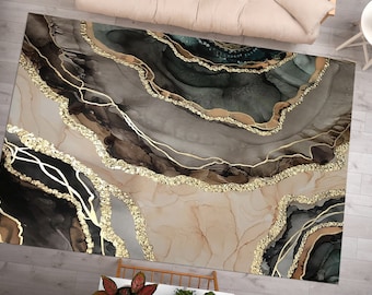 Brown Rug, Gold Rug, Marble Rugs, Gray Marble Rug, Brown Marble Rug, Alcohol Ink Rugs, Machine Washable Rug, Bedroom Rug, Chenille Rug,