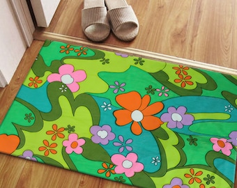 Retro Flower Power Rug | Colorful 70s Style Floral Rug | Machine Washable Non-Slip Carpet | Bright Funky Home Decor Rug