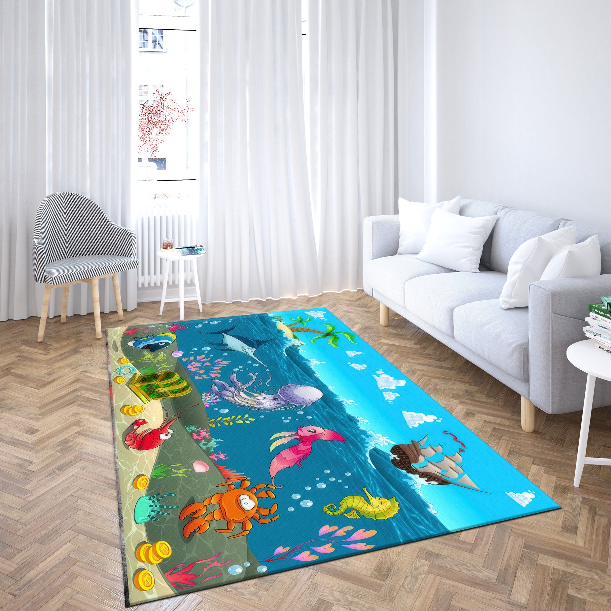 Undersea World Rug, Cartoon Rug, Underwater Rug, Kids Rugs, Dining Room ...