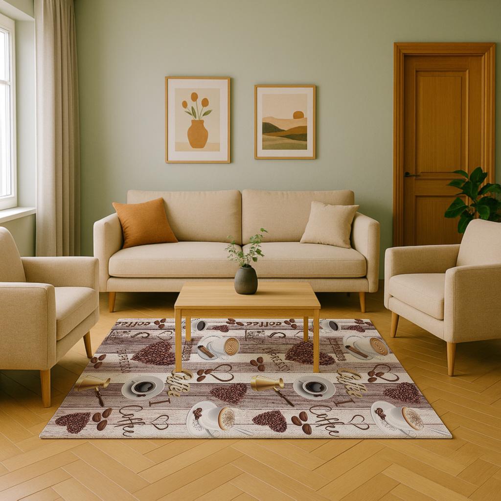 Coffee Theme Kitchen Rug, Rustic Cafe Print Floor Mat With Cups and ...