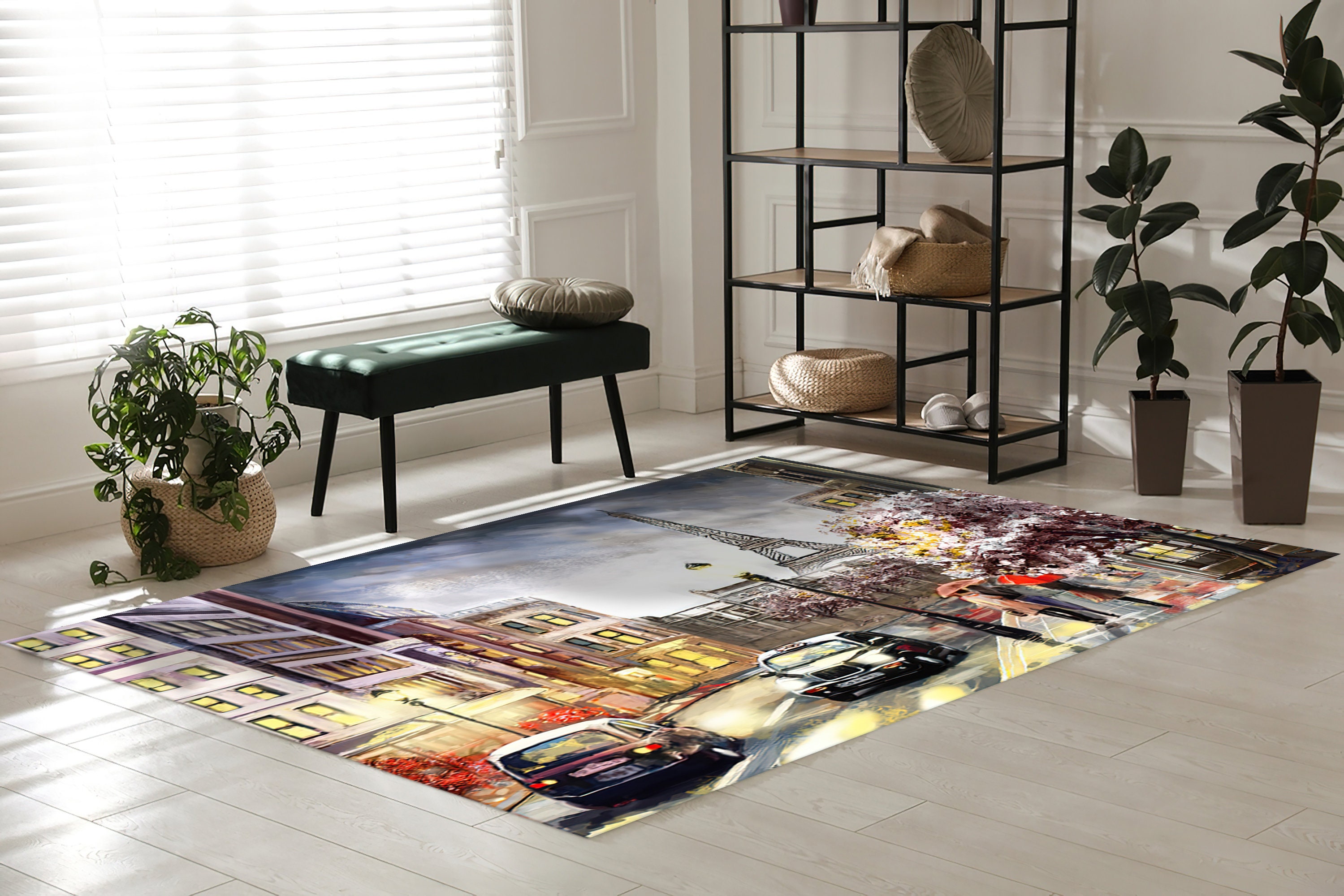 抽象的なパリの風景ラグ、パリラグ、エッフェル塔ラグ、女の子の部屋