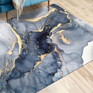 Blauer Marmor Teppich, Moderner Marmor, Blauer und Cremefarbener Marmor Teppich, Alkohol Tinte Teppiche, Esszimmer Teppich, 3D Gedruckter Teppich, Bild 6