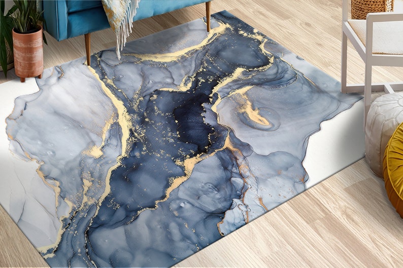 Blauer Marmor Teppich, Moderner Marmor, Blauer und Cremefarbener Marmor Teppich, Alkohol Tinte Teppiche, Esszimmer Teppich, 3D Gedruckter Teppich, Bild 6