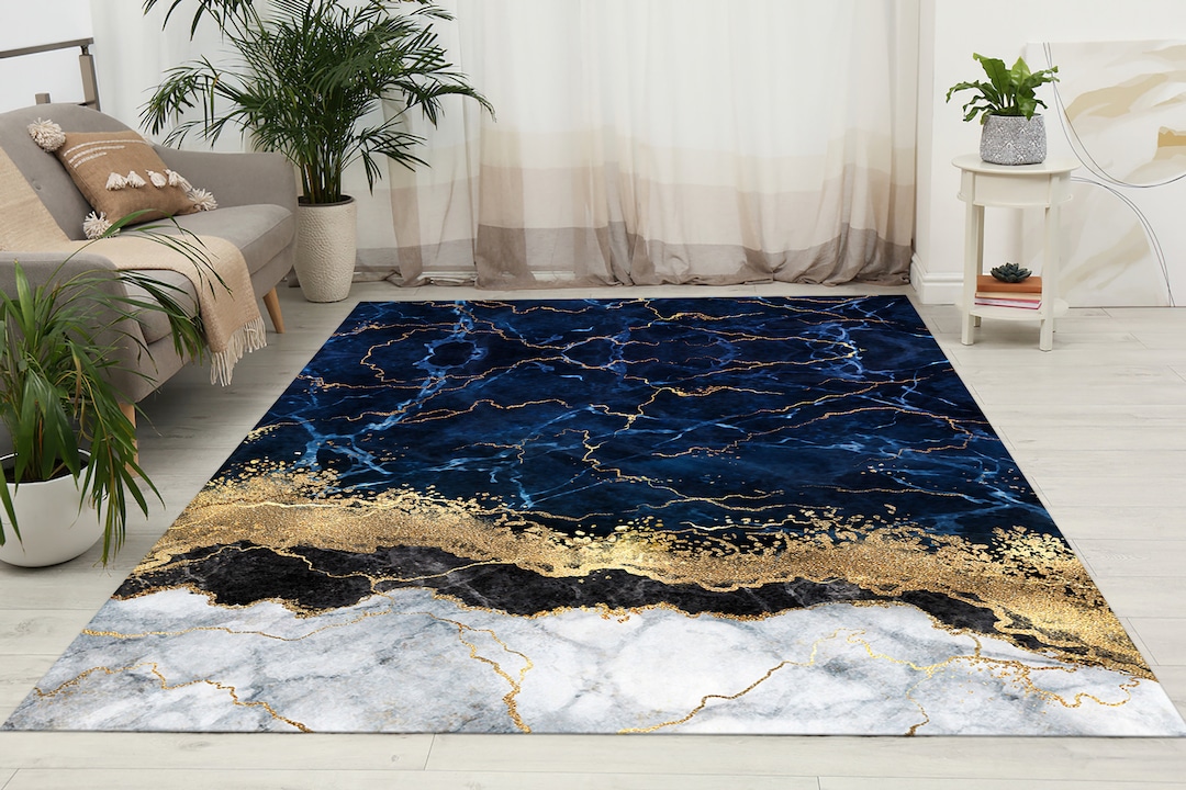 Navy Blue Marble Rug, Blue Marble Rug, Gold Marble Rugs, Marble Rug