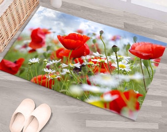Red Poppy and Daisy Rug | Colorful Floral Area Rug | Machine Washable Non-Slip Carpet | Bright Spring Home Decor Rug