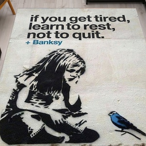 Banksy Girl Rug, Girl Graffiti Rug, If You Get Tired Rugs, Graffiti Rugs, Salon Decor Rug, Cool Rug, Small Rug, Girl Rug, Gift Rug, Thin Rug