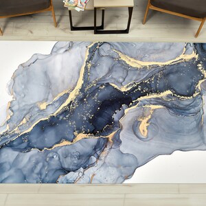 Blauer Marmor Teppich, Moderner Marmor, Blauer und Cremefarbener Marmor Teppich, Alkohol Tinte Teppiche, Esszimmer Teppich, 3D Gedruckter Teppich, Bild 1