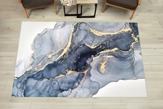 Blue Marble Rug, Modern Marble Rug, Blue And Cream Marble Rugs, Alcohol Ink Rugs, Dining Room Rug, 3D Printed Rug, Area Rug, Custom Rug,