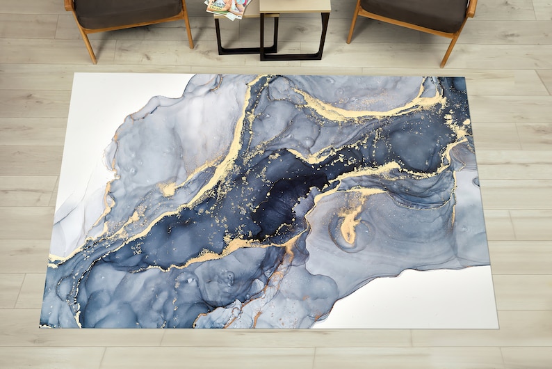 Blauer Marmor Teppich, Moderner Marmor, Blauer und Cremefarbener Marmor Teppich, Alkohol Tinte Teppiche, Esszimmer Teppich, 3D Gedruckter Teppich, Bild 1
