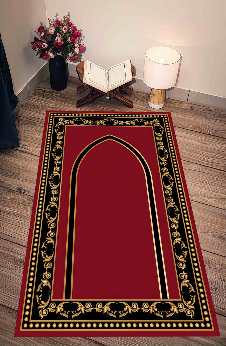 Red Prayer, Gold Prayer Rug, Religious Rugs, Red Rug, Islamic Rugs