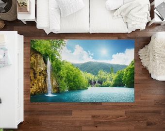 Waterfall View Rug, Forest Rugs, Forest View Rugs, Landscape Rugs, Popular Rug, Gift For Her, Blue Rug, Bedroom Rug, Coastal Rug, Green Rug,