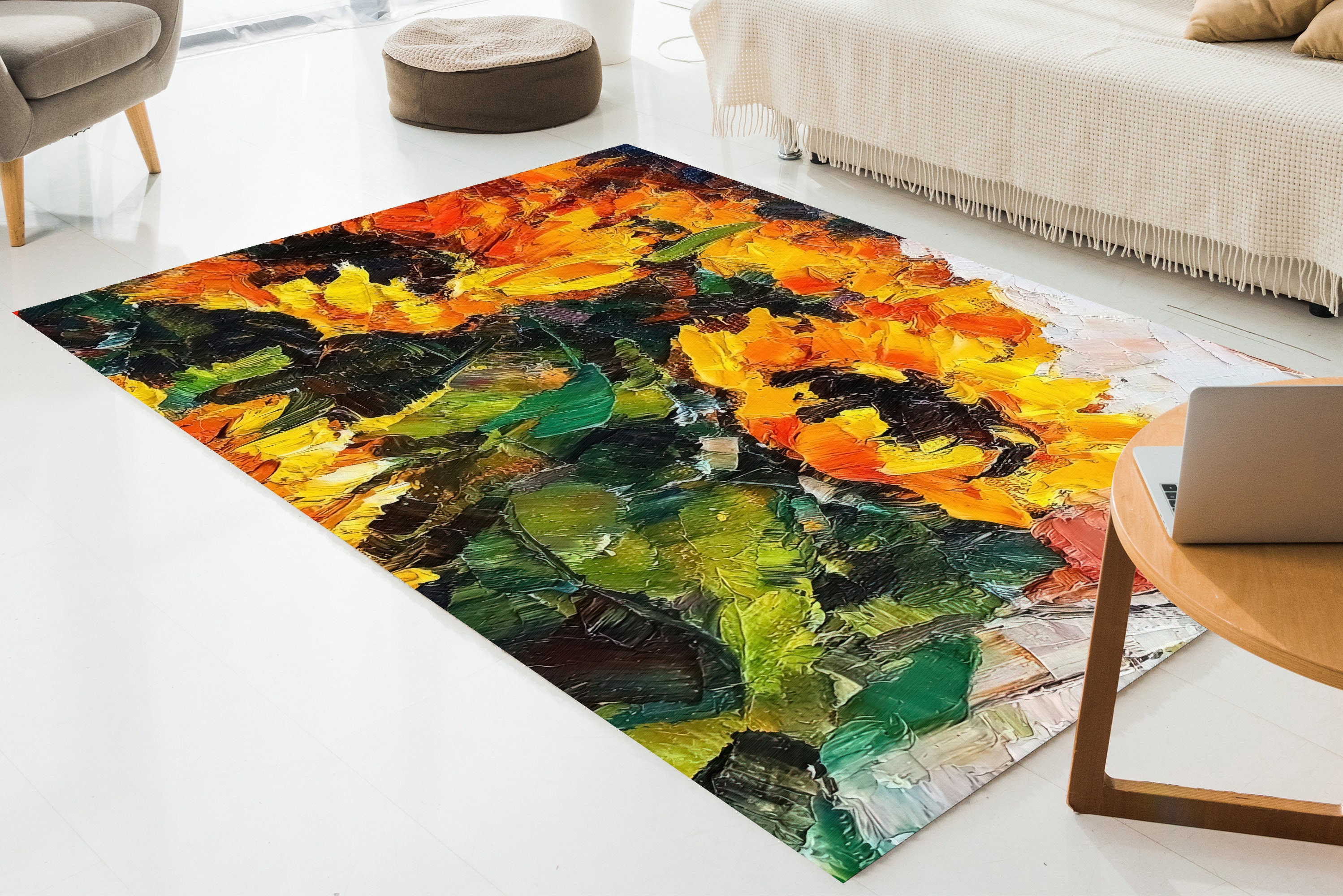 Oil Rug Bouquet of Sunflower Rug, Oil Rug, Contemporary Rug, Botanical Rugs ...
