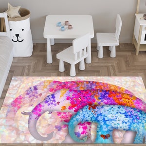 Alfombra floral con tres elefantes, alfombra colorida con elefantes, alfombra moderna, alfombra con animales, alfombra antideslizante, alfombra para salón, alfombra decorativa, regalo para el hogar.
