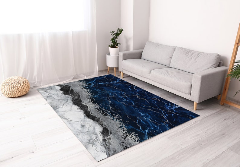 Blue Rug, Silver Marble Rug, Luxury Decor, Blue and Silver Rug, Navy Blue Rug, Marble Rug
