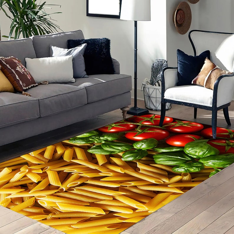 Pasta Rug Italian Pasta Rugs, Pasta Rug, Tomatoes and Basil Rugs, Modern Rug, Non ...