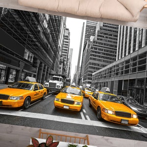 Tapijt Taxi of New York, kantoortapijt, geel vloerkleed, uitzichtkleed, trapkleed, groot vloerkleed, cadeau voor hem, antisliptapijt, modern vloerkleed, cool vloerkleed, opstapje
