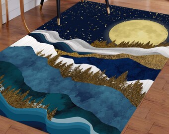 Moon and Abstract Mountain Landscape Rug, Moon Rugs, Starry