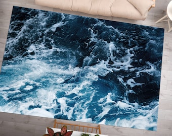 Ocean Waves Chenille Rug, Coastal Home Decor