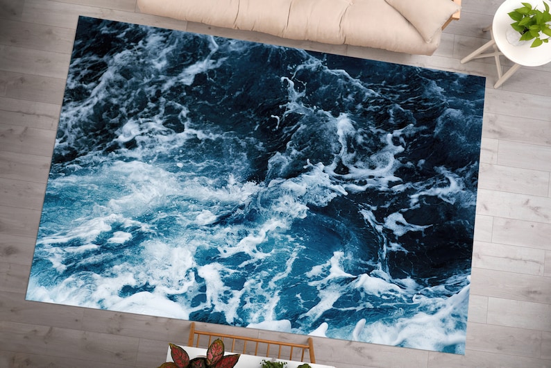 Ocean Waves Chenille Rug, Coastal Home Decor image 1
