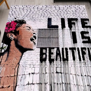 Banksy Life Is Beautiful Rug, Woman Graffiti Rug, Banksy Rug, Street Art Rug, Front Door Rug, Entry Rug, Colorful Rug, Thin Rug, Home Decor,