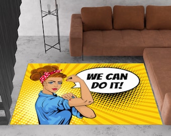 Strong Woman Power Rugs, We Can Do It Rug, Pop Art Rug, Inspirational Rug, Housewarming Gift, Round Rug, Living Room Rug, Custom Rug,
