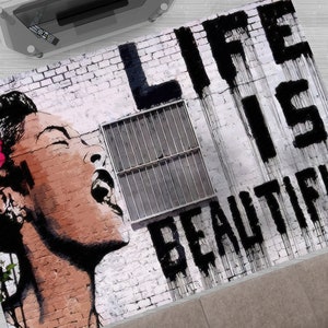 Life Is Beautiful Rugs, Banksy Woman Rug, Woman Graffiti Rugs, Graffiti Rug, Large Rug, Thin Rug, Door Mat, Small Rug, Personalized Rug,