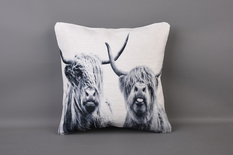 May include: A white cushion with a black and white image of two Highland cattle with their tongues sticking out.