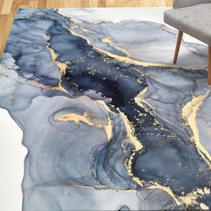 Blauer Marmor Teppich, Moderner Marmor, Blauer und Cremefarbener Marmor Teppich, Alkohol Tinte Teppiche, Esszimmer Teppich, 3D Gedruckter Teppich, Bild 2