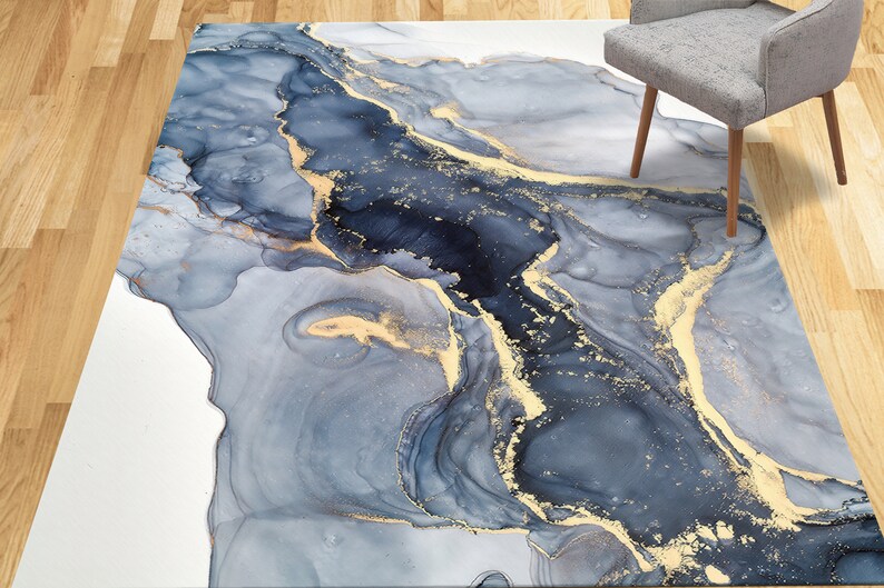 Blauer Marmor Teppich, Moderner Marmor, Blauer und Cremefarbener Marmor Teppich, Alkohol Tinte Teppiche, Esszimmer Teppich, 3D Gedruckter Teppich, Bild 2