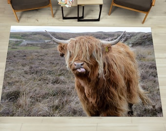 Scottish Highland Cattle Landscape Rug, Cattle Horn Rug, Horn Rug, Animal Rugs, 3D Printeds Rug, Bath Rug, Brown Rug, Chenille Rug,