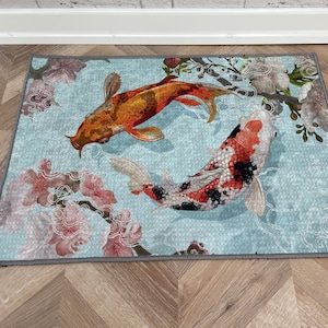 Japanese Koi Fish Rug, Zen Rug, Koi Rugs, Animal Rugs, Door Mat, Entry Rug, 3D Printed Rug, Bridesmaid Gift, Personalized Gifts, Trendy Rug,