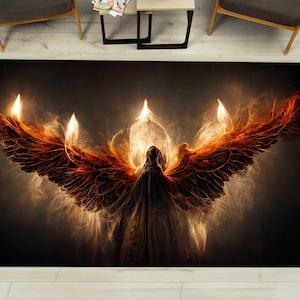 Lucifer With Glowing Fire Wings Rug, Angel Rug, Lucifer Rugs, Modern Rugs, Non-Slip Carpet, Salon Rug, Runner Rug, Machine Washable Rug,