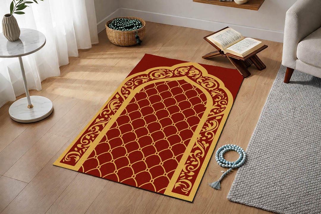 Red and Gold Prayer Rug, Classic Islamic Prayer Mat, Traditional Mihrab ...