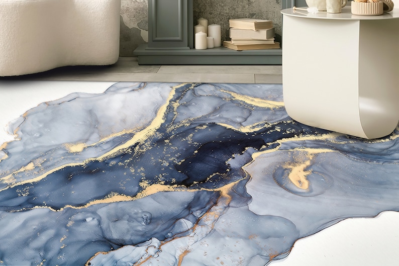 Blauer Marmor Teppich, Moderner Marmor, Blauer und Cremefarbener Marmor Teppich, Alkohol Tinte Teppiche, Esszimmer Teppich, 3D Gedruckter Teppich, Bild 3