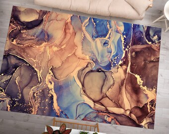 Brown And Blue Marble Rug, Brown Tones Marble Rug, Blue Marble Rug, Alcohol Ink Rug, Soft Rug, Thick Rug, Machine Washable Rug, Kitchen Rug,