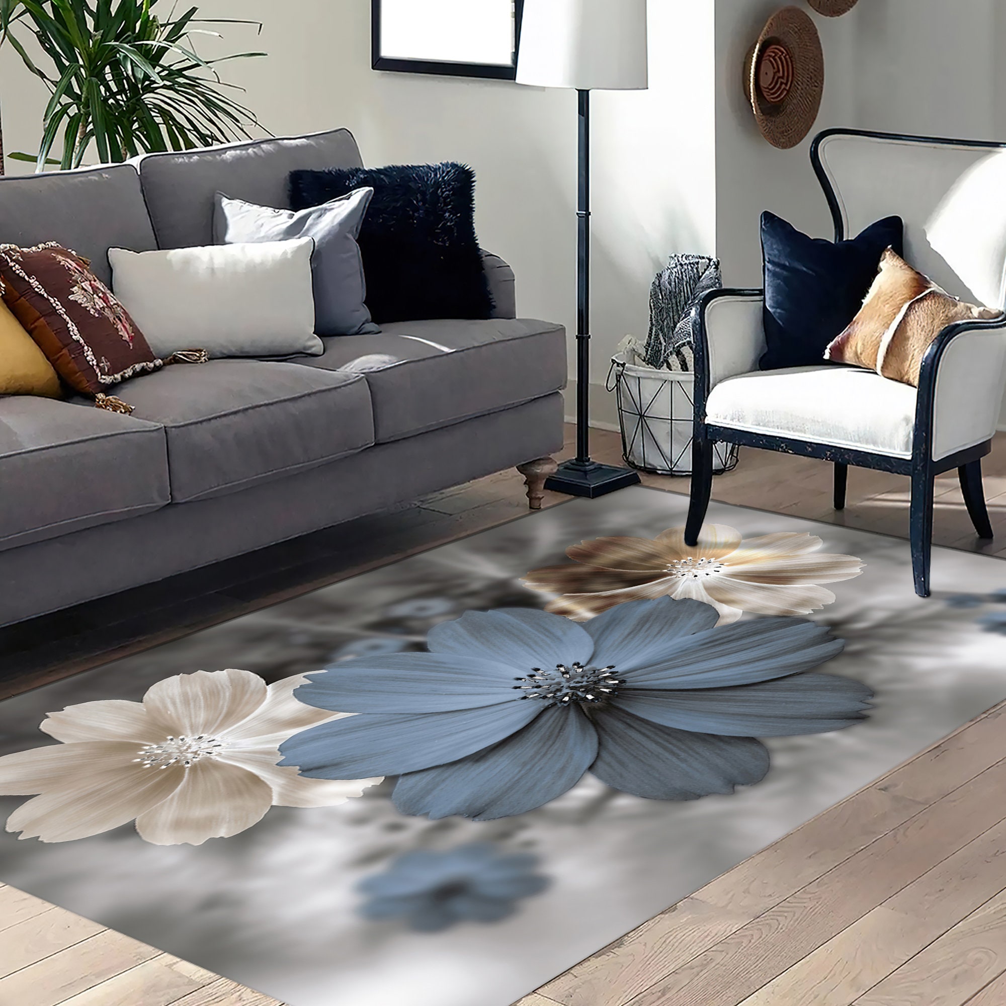 Modern Flower Rug, Luxury Flowers Rug, Blue Flowers Rug, Botanical Rug ...